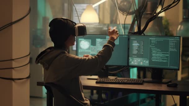 Asian Hacker Creating Malware Glasses Night Using Virtual Reality Hack — Stok Video