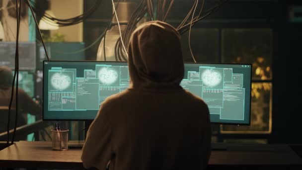 Male Thief Enjoying Cybercrime Achievement Night Breaking Security Server Steal — Vídeos de Stock