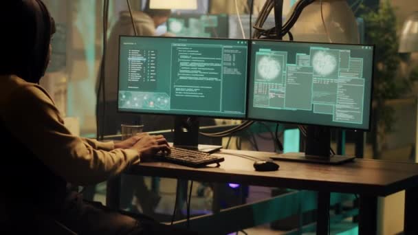 Team Hackers Celebrating Web Espionage Success Multiple Monitors Feeling Happy — Stockvideo