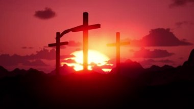 Religious sacrifice crosses on mountain hill, easter holiday concept for holy resurrection of jesus christ. Sacred crucifix symbolic place at sunset, worshiping god. 3d render animation.