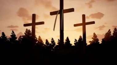 Sacred religious crosses with rays of sun at jerusalem, easter celebration, resurrection of jesus christ. Holy symbolic crucifix for christianity, sacrifice and pray for god. 3d render animation.