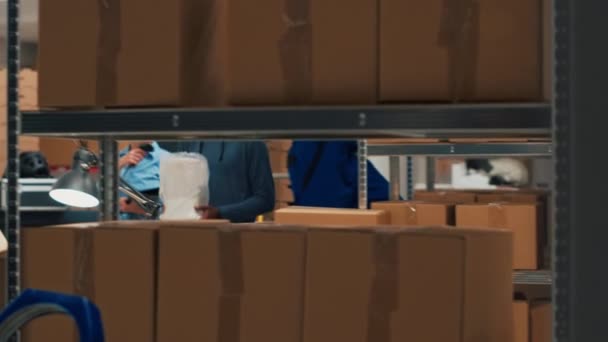 小企业主计划在仓库装运物资 并将商品放在纸板箱中分发 把货物从货架运送到船上的人 手持射击 — 图库视频影像