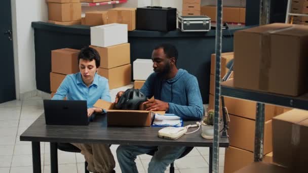 Small Business Partners Packing Merchandise Boxes Doing Products Quality Control — Video
