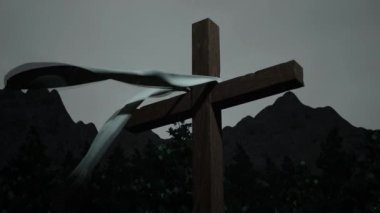 Sacred holy cross with raindrops and clouds, rainy day at jerusalem mountain to mourn for jesus christ. Spiritual symbol of crucifix, sacrifice of god and punishment, salvation. 3d render animation.