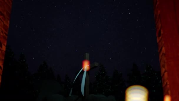 在夜晚 神圣的十字架在窗户下闪烁着光芒 庆祝上帝的复活和基督教的诞生 圣山在杰拉尔德姆 为基督耶稣的祭祀 3D渲染动画 — 图库视频影像