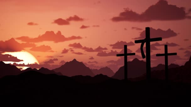 圣山上的宗教十字架 东方宗教节日的概念 耶稣基督的复活 日出的时候 神圣的象征十字架 神圣的天堂 3D渲染动画 — 图库视频影像