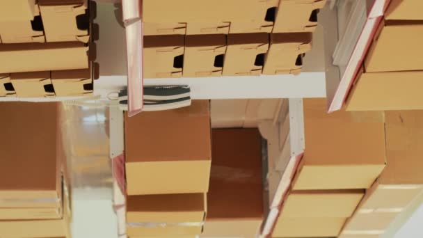 Vertical Video Empty Warehouse Filled Carton Boxes Racks Shelves Merchandise — Video Stock