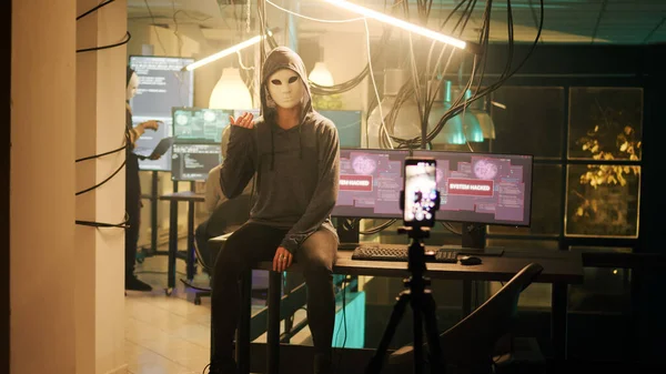 Dangerous Masked Adult Broadcasting Hacktivism Video Receive Ransom Stealing Passwords — Stock Photo, Image