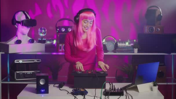Musician Headset Standing Table Having Fun While Mixing Stereo Sounds — Video