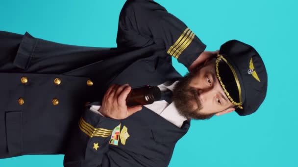 Vertical Video Aircrew Captain Looking Bottles Vitamins Feeling Uncertain Supplements — Stok video