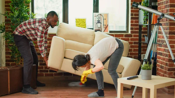 Young Couple Washing Wooden Floor Mop Husband Helping Wife Clean — Stock Photo, Image