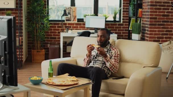 Relaxed Guy Taking Bite Slice Pizza Living Room Eating Fast — Video