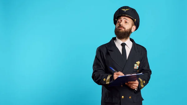 Confident Aircrew Captain Checking List Papers Taking Notes Pen Writing — Stock Photo, Image