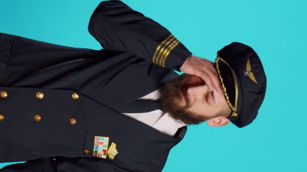 Vertical Video Sick Airplane Pilot Suffering Headache Being Worried Painful — Wideo stockowe