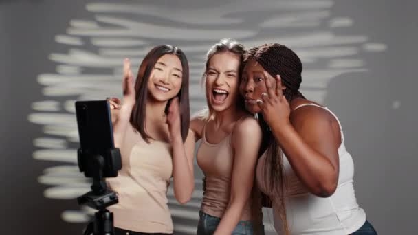 Group Interracial Women Having Fun Photos Embracing Imperfections Promoting Self — 图库视频影像