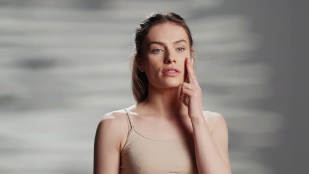 Gentle Woman Glowing Skin Applying Cream Face Using Moisturizer Facial — Stock Video