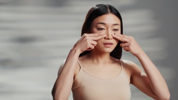 Confident Model Using Moisturizing Cream Routine Applying Face Serum Cheecks — Video