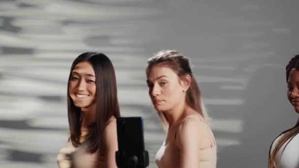 Cheerful Glowing Girls Dancing Having Fun Studio Recording Video Dance — Stok video