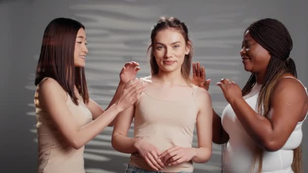Group Diverse Ladies Body Positivity Campaign Curvy Skinny Women Promoting — Stock Video