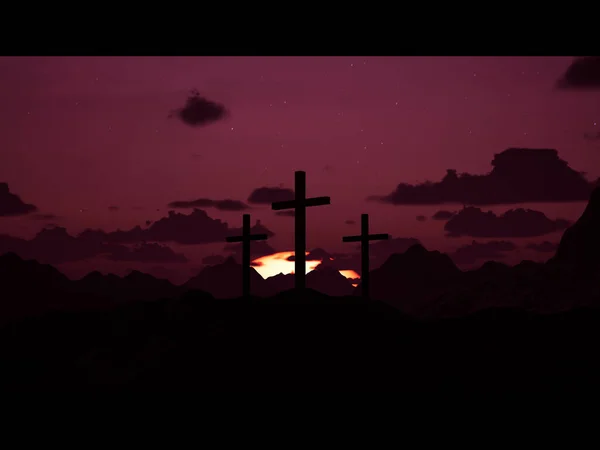 Holy Sacred Crosses Jerusalem Hill Dark Sunset Easter Holiday Celebrating — Zdjęcie stockowe