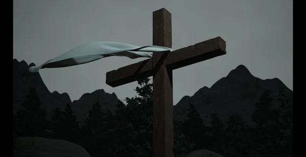Holy dark cross with raindrops on rainy day at jerusalem hill to mourn sacrifice of jesus christ. Spiritual symbol of christianity, resurrection of god and easter holiday. 3d render
