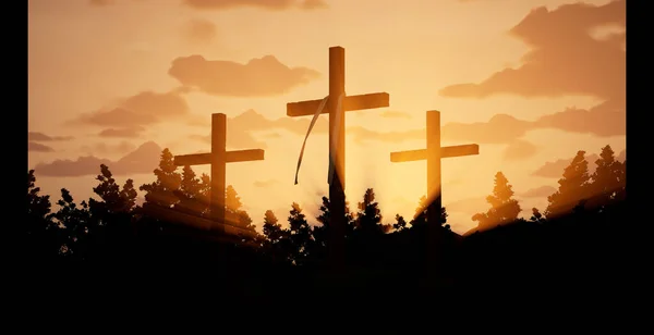 Three crosses glowing in rays of sunshine at jerusalem, easter holiday celebration and resurrection of jesus. Holy symbolic crucifix for sacrifice, pray for god and heaven. 3d render