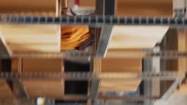 Dikey video: Sipariş yönetimi için ürün göndermek üzere paketlerdeki malları kontrol eden bir grup işçi. Depodaki küçük işletmeler için finansal planlama yapmak üzere takım halinde çalışan Asyalılar