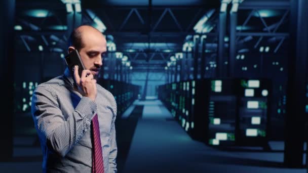 Information Security Officer Talking Phone Call Working Professional Data Center — Vídeo de Stock