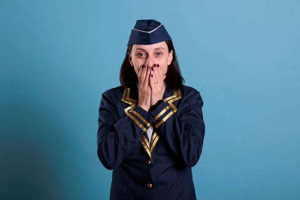 Flight Attendant Covering Mouth Hands Showing Speak Evil Gesture Looking — Stock Photo, Image