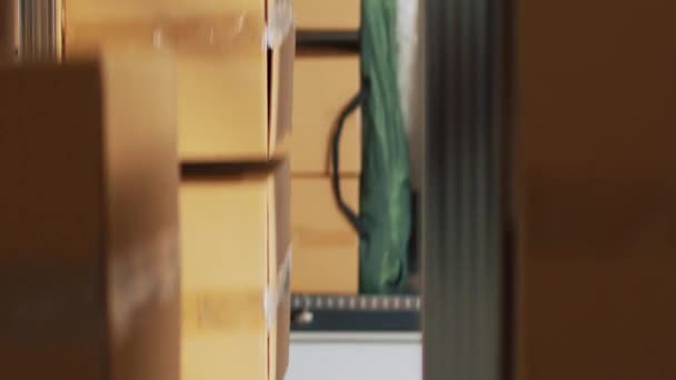 Вертикальне Відео Команда Робітників Розпаковує Коробки Запасів Перевіряє Товарну Логістику — стокове відео