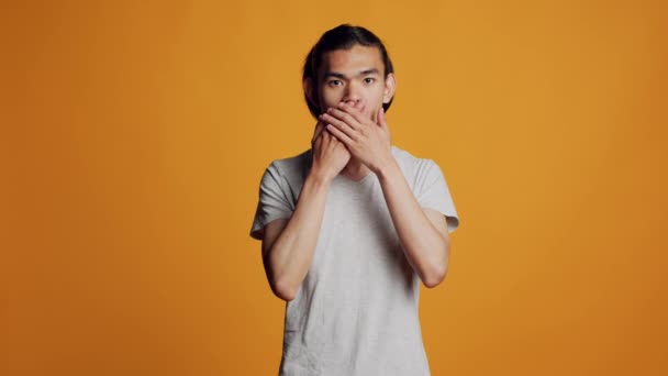 Confident Hipster Guy Doing Three Wise Monkeys Sign Camera Using — Vídeo de stock