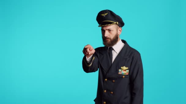 Plane Captain Aviation Uniform Pointing Camera Choosing Saying Want You — Stock video
