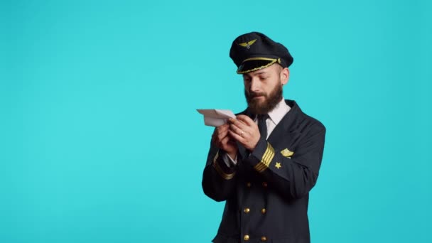 Young Man Working Pilot Building Paper Plane Having Fun Origami — Stock video
