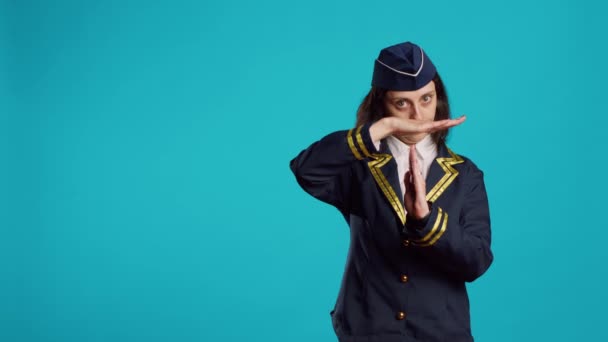 Professional Stewardess Showing Shape Sign Studio Asking Pause Refusing Work — 图库视频影像