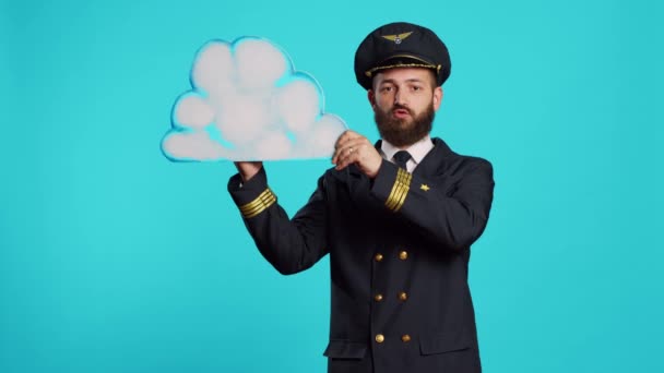 Male Aviator Playing Airplane Toy Cloud Board Holding Cardboard Icon — Stock video