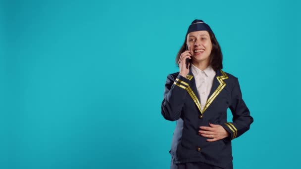 Young Airliner Chatting Mobile Phone Call Having Fun Feeling Happy — Vídeo de Stock