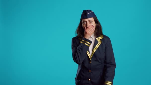 Air Hostess Feeling Tired Yawning Studio Being Drained Worn Out — Stock video