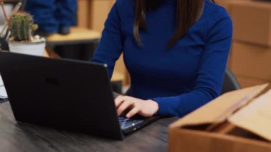 Asian woman looking at retail stock orders in warehouse, checking production management on laptop. Employee working with merchandise in storage room, doing financial planning.