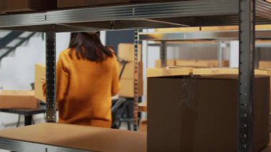 Team of asian workers using laptop to plan shipment, checking quality of goods in warehouse. Depot employees packing products in boxes for order management, financial planning.