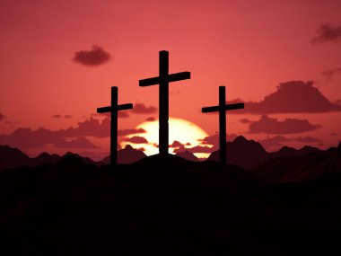 Holy sacrificial crosses on jerusalem hill at sunrise, celebrating easter for holy sacrifice of jesus christ. Sacred crucifix symbol at sunset, worshiping god and resurrection. 3d render