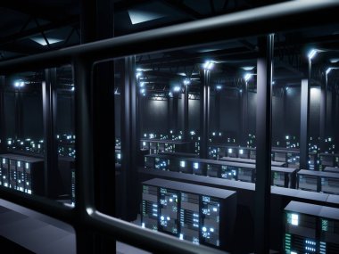 Cyberspace data center filled with server racks cabinets, networking digitalization in server room. Professional hardware and computer processor with lights in big data workplace.