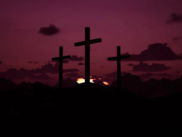 Holy sacred crosses on jerusalem hill at dark sunset, easter holiday celebrating for resurrection of jesus. Religious symbolic crucifix, holy sacrifice and pain. 3d render