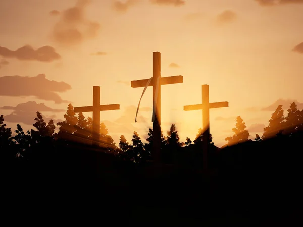 Three crosses glowing in rays of sunshine at jerusalem, easter holiday celebration and resurrection of jesus. Holy symbolic crucifix for sacrifice, pray for god and heaven. 3d render