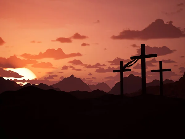 Three Crosses Sacred Jerusalem Mountain Sunset Easter Concept Resurrection Jesus — Stock Photo, Image