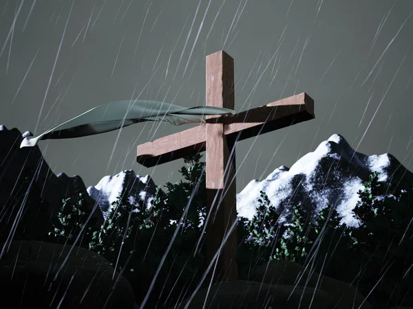 Holy cross with raindrops on dark day in mountains at jerusalem hill to mourn punishment of lord jesus christ. Sacrifice signal of christianity, resurrection of god on easter day. 3d render