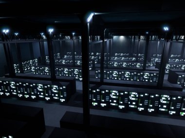 Professional technology database server room, big data system connection in render farm. Professional data center workplace with multiple rows of storage racks and cabinets, networking. clipart