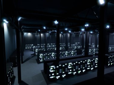 Cyber security data center with hardware cabinets, modern server room with hosting servers for digitalization. Professional networking and cloud computing storage room, ai big data. clipart