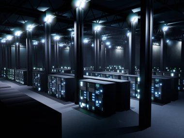 Data center space with multiple rows of server racks, digital supercomputer technology. Modern high tech networking communications database, cabinets filled with system storage.
