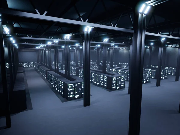 Modern data center filled with server racks and database hardware system, cloud computing. Hosting server and cluster computer used for storage backup in render farm workplace, cyberspace.