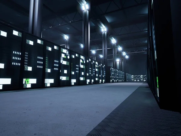 Professional web storage space with cyber security data, artificial intelligence hardware used for online networking concept. Modern data center filled with server racks technology.
